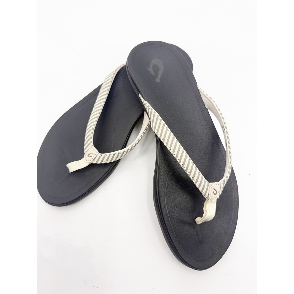 OluKai Ho'opio Women Beach Sandals Black White Bone Striped Flip Flops Size 9